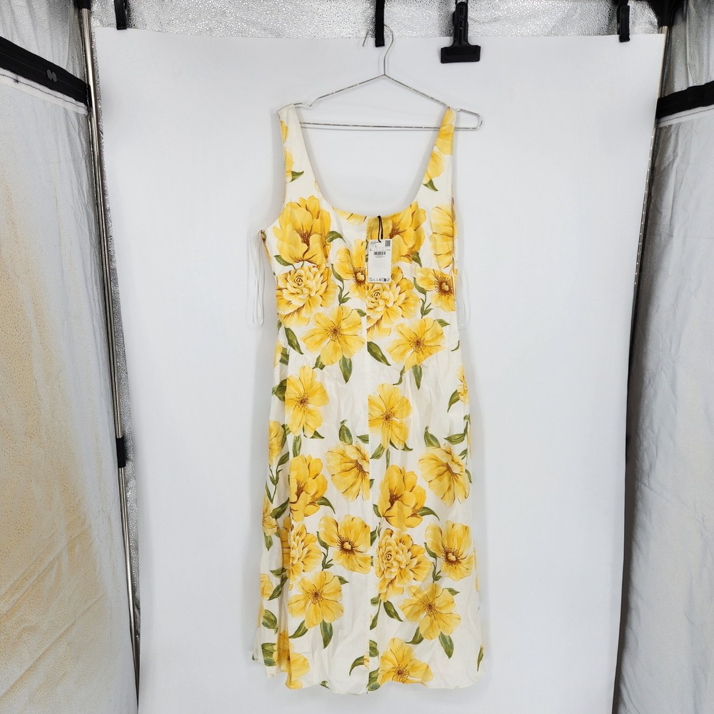 Mango Vestido 423 Island Yellow Floral Cotton Midi Dress XL NEW